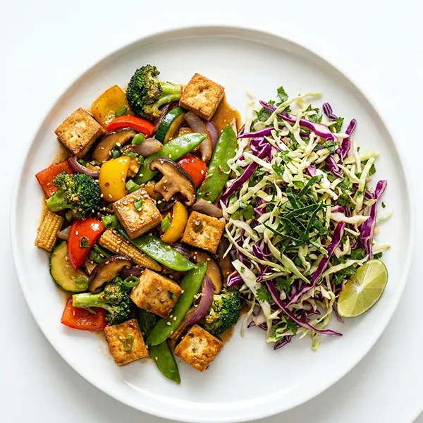 Tofu And Asian Vegetable Stir Fry With Kaffir Lime Shreeded Cabbage Mix